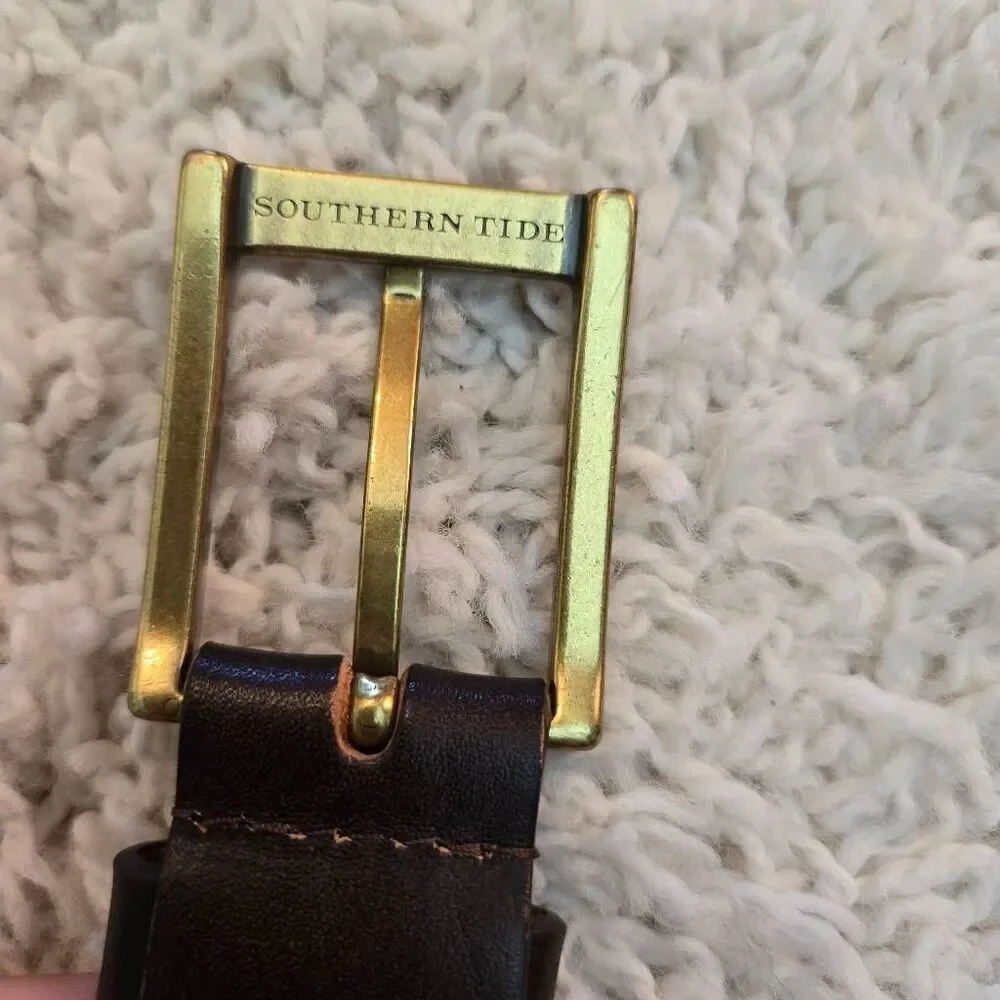 Southern Tide Pink Khaki Belt Dark Brown Leather size 32
